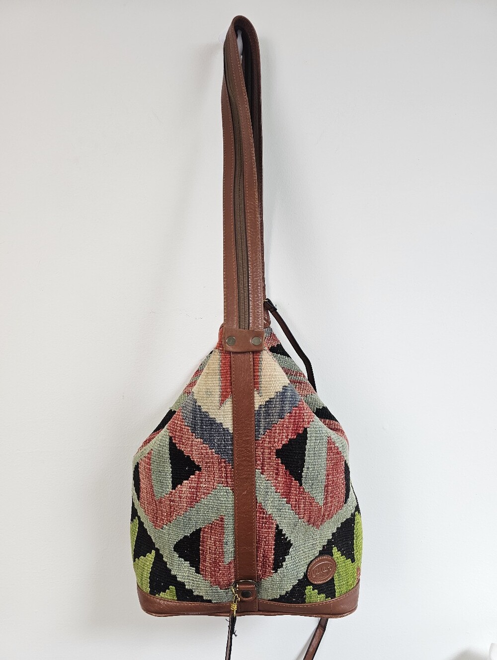 VINTAGE Yun Art Turkish Kilim Wool Leather Convertible Backpack Shoulder Bag